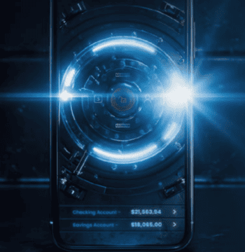 Ein Smartphone zeigt eine grafische Benutzeroberfläche mit Kontoständen für ein Giro- und Sparkonto. Die Darstellung ist futuristisch und beleuchtet, was auf die digitale Sicherheit hinweist. Zimperium warnt vor Bedrohungen für solche Banking-Apps.