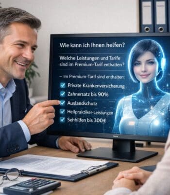 Ein Mann in einem Anzug interagiert mit einem Bildschirm, der eine digitale Berater-KI zeigt. Auf dem Bildschirm sind Informationen zu Versicherungsleistungen und Tarifen dargestellt, darunter private Krankenversicherung und Zahnersatz.