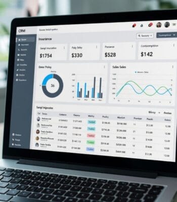 Das Bild zeigt ein Dashboard eines Kundenmanagementsystems (CRM), das verschiedene Versicherungsdaten, Statistiken und Kundeninformationen visualisiert. Die Benutzeroberfläche umfasst Diagramme, Tabellen und Kennzahlen zur Analyse von Verkaufszahlen und Policen.