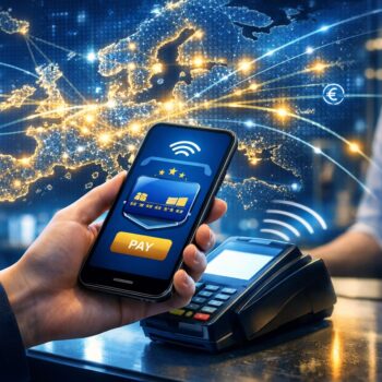 Mobile Wallet im Einsatz: Eine Person bezahlt kontaktlos in einem modernen Geschäft mit dem Smartphone, auf dem Display eine stilisierte digitale Wallet-App.