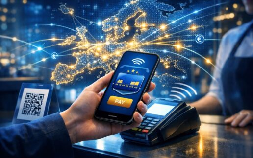 Mobile Wallet im Einsatz: Eine Person bezahlt kontaktlos in einem modernen Geschäft mit dem Smartphone, auf dem Display eine stilisierte digitale Wallet-App.