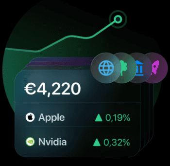 Die Abbildung zeigt eine Benutzeroberfläche von bunq, die aktuelle Aktienkurse anzeigt. Der Gesamtwert beträgt €4,220. Die Aktien von Apple und Nvidia sind mit positiven Veränderungen von 0,19 % bzw. 0,32 % gekennzeichnet.