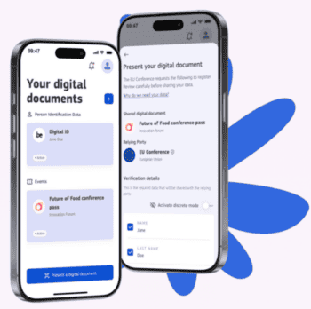 Zwei Smartphones zeigen eine Benutzeroberfläche für digitale Dokumente, einschließlich einer digitalen ID und eines Konferenzpasses. Die Darstellung verdeutlicht die Funktionen der EUDI-Wallet, die laut Bitkom-Umfrage von der Mehrheit der Deutschen gewünscht wird.