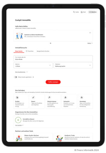 Das iPad-Mockup zeigt das Rudi Cockpit Immobilie, eine digitale Plattform zur Unterstützung von Immobilienvorhaben. Nutzer können gezielt nach Objekten suchen, ihre Vorhaben organisieren und erhalten hilfreiche Tipps für den Immobilienkauf oder -verkauf.