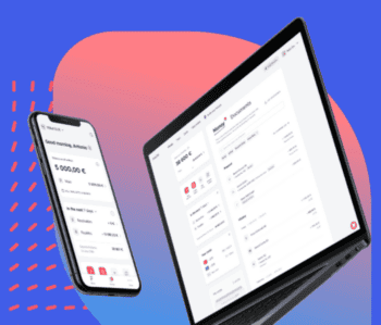 Die Abbildung zeigt ein Smartphone und ein Laptop, die die Benutzeroberfläche der Buchhaltungslösung von Finom präsentieren. Auf dem Smartphone sind Kontostände und Transaktionen sichtbar, während der Laptop detaillierte Dokumente und Finanzübersichten anzeigt.