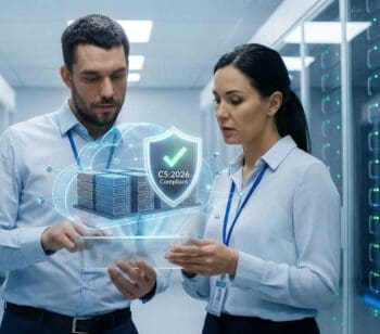 Zwei Fachkräfte analysieren digitale Informationen in einem Rechenzentrum. Ein grafisches Element zeigt die C5:2026 Compliant-Zertifizierung an, die den Sicherheitsstandard des BSI für Cloud Computing verdeutlicht.