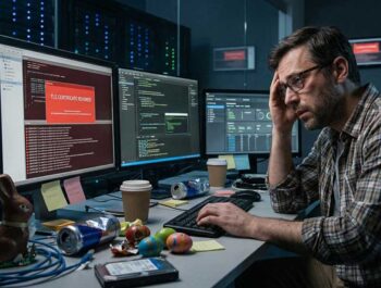 Ein IT-Mitarbeiter sitzt an einem Schreibtisch mit mehreren Monitoren, auf denen eine Warnmeldung über zurückgerufene TLS-Zertifikate angezeigt wird. Um ihn herum liegen leere Getränkedosen, Kaffeebecher und bunte Ostereier.