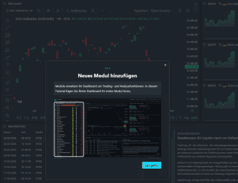 Die Benutzeroberfläche von MyMarkets präsentiert ein neues Modul zur Integration von Tutorials für den Handel. Auf der linken Seite sind Handelsdaten sichtbar, während rechts Marktanalysen angezeigt werden. Ein Popup fordert zur Hinzufügung des Moduls auf.<q>MyMarkets</q>