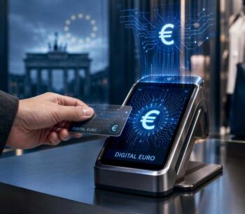 Ein Handgerät zeigt den Schriftzug „Digital Euro“ an, während eine Hand eine Karte in die Nähe des Displays hält. Digitale Symbole und ein stilisiertes Euro-Zeichen erscheinen über dem Bildschirm, was die Interaktion mit dem digitalen Euro verdeutlicht.