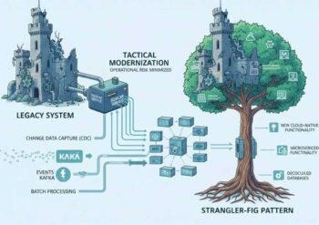 Die Abbildung illustriert die Sidecar-Architektur zur schrittweisen Modernisierung von Legacy-Systemen. Sie zeigt den Prozess der Datenänderungserfassung (CDC) und die Integration neuer cloud-nativer Funktionen sowie mikroservicebasierter Funktionalitäten.