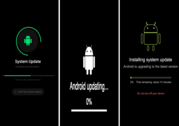 Drei Screenshots zeigen den Fortschritt eines Android-Systemupdates. Die Installation eines Sicherheitsupdates wird angezeigt, um die Geräte vor Bedrohungen, wie den von Zimperium identifizierten Trojanern, zu schützen. Der Fortschritt variiert zwischen 0% und 2%.