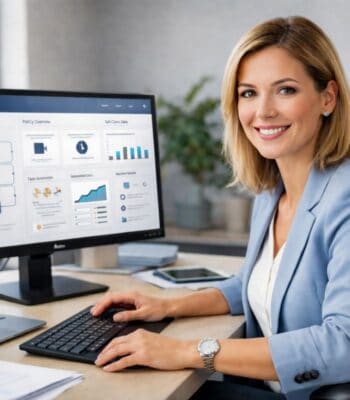 Eine Frau sitzt an einem Schreibtisch und arbeitet an einem Computer. Auf dem Bildschirm sind verschiedene Diagramme und Daten zur Versicherungsverwaltung zu sehen. Die Darstellung könnte die Effizienz der neuen INSIS-Plattform von Fadata unterstützen.