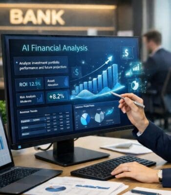 Ein Computerbildschirm zeigt eine Analyse von Finanzdaten mit Grafiken zu Investitionsportfolios, Renditen und Risikoanalysen. Die Darstellung nutzt GenAI zur Visualisierung von Trends und Prognosen im Finanzsektor.