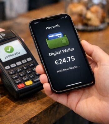 Ein Smartphone zeigt eine Zahlungsaufforderung für einen Betrag von 24,75 € über eine digitale Geldbörse. Im Hintergrund befindet sich ein Kartenlesegerät mit der Anzeige „APPROVED“. Die Nutzung von Stripe wird durch diese Zahlungsmethode unterstützt.
