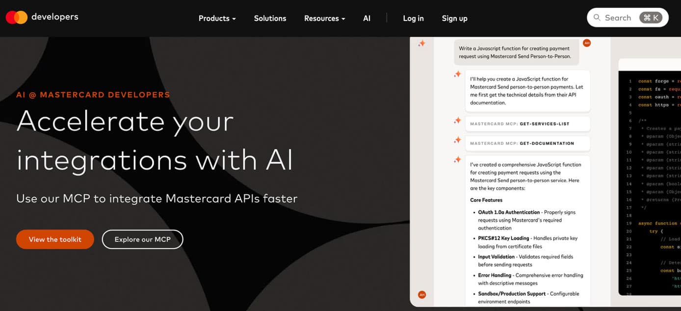 Das Mastercard Developers Agent Toolkit verbindet KI-Assistenten und IDEs über das Model Context Protocol (MCP) mit Mastercard Developers.