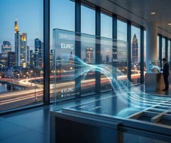Ein modernes Büro mit Blick auf eine Stadtlandschaft zeigt digitale Anzeigen für den EURC-Stablecoin und SEPA-Transaktionen. Grafische Darstellungen verdeutlichen die Liquiditätsbewegung. ClearBank wird durch das Symbolbild thematisiert.