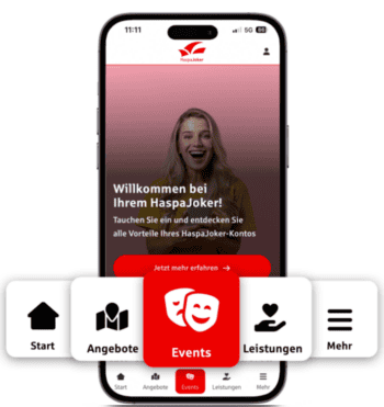 Die Abbildung zeigt die Benutzeroberfläche der neuen App für das Premium Konto „Haspa Joker“. Die Startseite begrüßt Nutzer mit Informationen zu Vorteilen des Kontos und bietet Zugriff auf verschiedene Funktionen wie Events und Angebote.