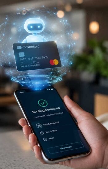 Ein Smartphone zeigt eine Bestätigung für eine Buchung, während ein KI-Agent in Form eines holografischen Roboters über einer Mastercard schwebt. Die Darstellung verdeutlicht die Integration von KI-Agenten in den Zahlungsprozess.