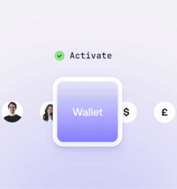 Die Abbildung zeigt eine Benutzeroberfläche mit dem Begriff „Wallet“ im Fokus. Links sind zwei Personen abgebildet, während rechts Währungszeichen für Dollar und Pfund zu sehen sind. Mangopay wird als Zahlungsinfrastruktur hervorgehoben.
