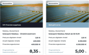 Die Abbildung präsentiert Informationen zu zwei Investitionsmöglichkeiten im Solarpark Ratekau, Deutschland. Links ist die VIP-Finanzierungsphase mit 8,35 % prognostizierter Gesamtrendite, rechts das Retail-Angebot ab 50 EUR mit 5,00 %. VolksInvest ermöglicht den