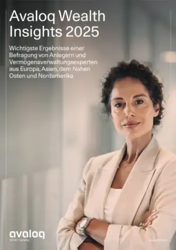 Das Bild präsentiert die Publikation "Avaloq Wealth Insights 2025", die zentrale Ergebnisse einer Befragung von Anlegern und Vermögensverwaltungsexperten aus verschiedenen Regionen umfasst. Die Darstellung vermittelt Professionalität und Expertise im Finanzsektor.