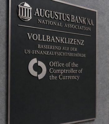 Ein Schild der Augustus Bank N.A. informiert über die erteilte Vollbanklizenz, basierend auf der Genehmigung der US-Finanzaufsichtsbehörde. Die Aufschrift umfasst den Namen der Bank sowie den zuständigen Aufsichtsbehörden.