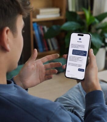 Ein junger Mann interagiert mit einem Smartphone, auf dem eine Chat-Oberfläche eines Bankbots angezeigt wird. Die Kommunikation thematisiert KI im Banking und verdeutlicht den Wunsch nach Transparenz und Kontrolle in der Kundenberatung.