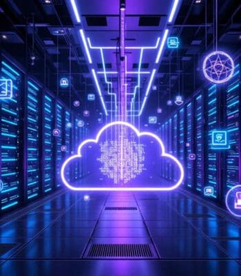Eine futuristische Serverlandschaft mit blauen und lila Lichtern zeigt eine große, leuchtende Wolke im Zentrum. Um die Wolke sind digitale Symbole angeordnet, die verschiedene Aspekte von Datenbanklandschaften repräsentieren. Die Umgebung vermittelt einen technologischen Fortschritt.
