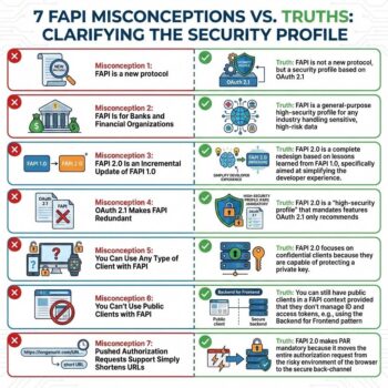 Die Grafik erläutert sieben Missverständnisse und Wahrheiten über FAPI, insbesondere die Rolle von DPoP. Sie verdeutlicht, dass FAPI 2.0 eine umfassende Neugestaltung ist, die auf den Lehren aus FAPI 1.0 basiert und hohe Sicherheits