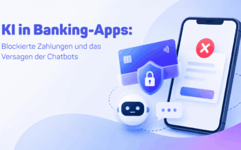 Das Bild thematisiert die Herausforderungen von KI-Chatbots in Banking-Apps. Es illustriert blockierte Zahlungen und das Versagen der Chatbots, was zu zahlreichen Chatbot-Beschwerden führt. Grafische Elemente symbolisieren Sicherheitsaspekte und Kommunikationsprobleme.