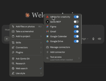 Die Abbildung zeigt eine Benutzeroberfläche mit verschiedenen Anwendungen und Integrationen, darunter Qonto MCP, Adobe, Figma, Gmail, Google Calendar und Google Drive. Diese Tools sind für die Nutzung in einem digitalen Arbeitsumfeld vorgesehen.