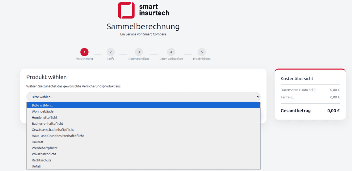 Die Benutzeroberfläche der Smart InsurTech Sammelberechnung ermöglicht die Auswahl eines Versicherungsprodukts aus einer Dropdown-Liste. Die Kostenübersicht zeigt einen Gesamtbetrag von 0,00 € an, was auf eine kostenfreie Nutzung hinweist.