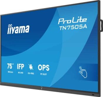 Das Bild zeigt ein iiyama ProLite TN7505A Touch-Display mit einer Bildschirmgröße von 75 Zoll. Es präsentiert eine klare Benutzeroberfläche und hebt die Merkmale wie 4K UHD und OS-freie Funktionalität hervor, ideal für sicherheitskritische Anwendungen.