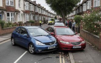Was wirkt wie eine Unfallszene, ist komplett synthetisch generiert. Verwendet wird ein Prompt, der eine Kollision in der Straße eines englischen Vororts visualisiert.