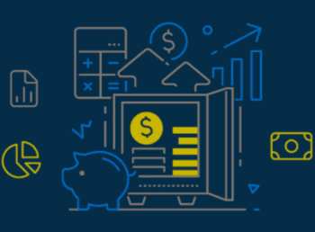 Das Bild illustriert ein grafisches Konzept zur Finanzverwaltung, das Elemente wie ein Sparschwein, Diagramme und Geldsymbolik umfasst. Es reflektiert die digitale Transformation der Bundesbank durch das neue Kernsystem von adesso.