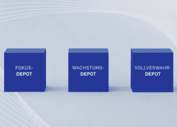 Drei blaue Würfel sind angeordnet, beschriftet mit „FOKUS-DEPOT“, „WACHSTUMS-DEPOT“ und „VOLLVERWAHRT-DEPOT“. Diese Darstellung verdeutlicht die Flexibilität der dwpbank, Banken die Gestaltung