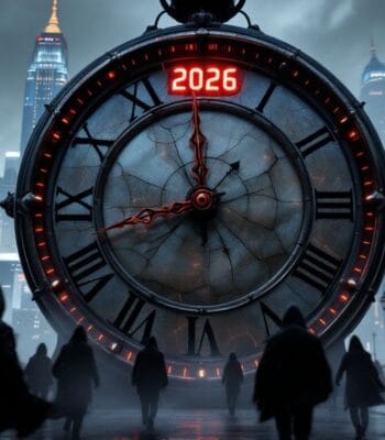 Eine große, beschädigte Uhr zeigt die Jahreszahl 2026 in leuchtendem Rot. Im Hintergrund sind schemenhafte Gestalten zu erkennen, die in Richtung der Uhr gehen. Diese Darstellung könnte die Dringlichkeit der TTE-Thematik symbolisieren.
