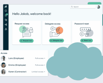 Die Benutzeroberfläche der Omada Cloud-Identitätslösung präsentiert Optionen zur Anforderung und Delegierung von Zugriffsrechten sowie zur Passwortzurücksetzung. Eine Übersicht zeigt die Zugriffsrechte von Mitarbeitern und Auftragnehmern.