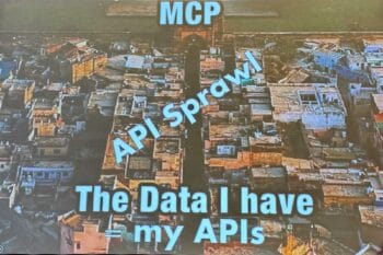 Die Präsentation thematisiert das Konzept der „API Sprawl“ und deren Auswirkungen auf Unternehmen. Der Text hebt hervor, dass die vorhandenen Daten gleichbedeutend mit den APIs sind, die in einer unkontrollierten Umgebung existieren.