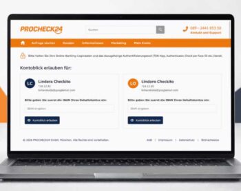 Die Benutzeroberfläche von Procheck24 ermöglicht zwei Kreditnehmern, gleichzeitig einen digitalen Kontoblick zu beantragen. Die Eingabefelder für IBAN und die Schaltflächen zur Genehmigung sind klar strukturiert und benutzerfreundlich gestaltet.