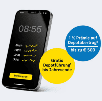 Ein Smartphone zeigt eine Uhrzeit von 08:55 und verschiedene Aktienkurse an. Zudem sind Informationen zu einer 1 % Prämie auf Depotübertrag bis zu 500 € sowie einer kostenlosen Depotführung bis Jahresende abgebildet. bank99 wird erwähnt.