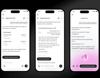 Die Abbildung zeigt drei Screenshots einer Finanzanwendung von Finom. Die Benutzeroberfläche präsentiert Funktionen zur Rechnungsübersicht, Zahlungsaufforderungen und Anfragen an die KI. Die App ermöglicht eine effiziente Verwaltung finanzieller Angelegenheiten.