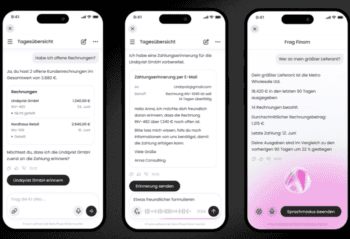 Die Abbildung zeigt drei Screenshots einer Banking-App, die Finom nutzt. Die Benutzeroberfläche präsentiert eine Tagesübersicht mit Rechnungen, Zahlungsaufforderungen und einer Funktion zur Sprachsteuerung. Die App ermöglicht eine effiziente Verwaltung von Finanzdaten.
