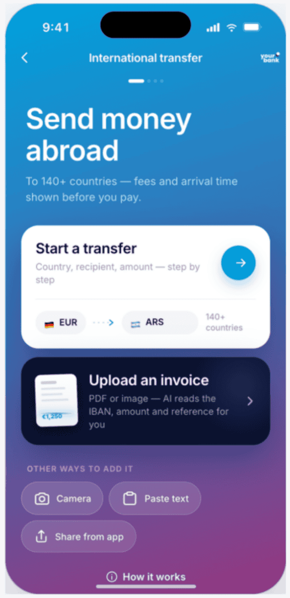 Die Abbildung zeigt ein digitales Interface für internationale Geldtransfers. Nutzer können Beträge in Euro (EUR) in argentinische Pesos (ARS) umrechnen und eine Überweisung an über 140 Länder initiieren. Gini integriert diese Funktionalität zur Vereinfachung internationaler Zahl