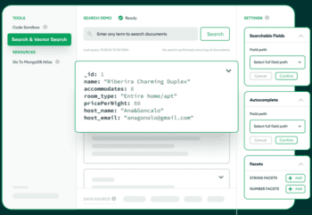 Die Abbildung zeigt eine Benutzeroberfläche von MongoDB mit Funktionen zur Dokumentensuche. Es sind verschiedene Suchparameter und Datenfelder sichtbar, darunter Unterkunftsinformationen und Kontaktdaten. Die Oberfläche ist klar strukturiert und benutzerfreundlich gestaltet.
