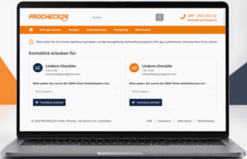 Die Benutzeroberfläche von Procheck24 ermöglicht zwei Kreditnehmern, gleichzeitig einen digitalen Kontoblick zu beantragen. Die Eingabefelder für IBAN und die Schaltflächen zur Genehmigung sind klar strukturiert und benutzerfreundlich gestaltet.