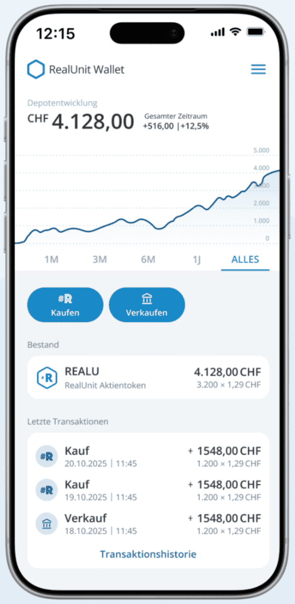 Die Abbildung zeigt die Benutzeroberfläche der RealUnit App. Auf dem Bildschirm sind die Depotentwicklung, der aktuelle Kontostand von 4.128,00 CHF sowie die letzten Transaktionen aufgeführt. Die App ermöglicht den Handel mit RealUnit Aktientoken.