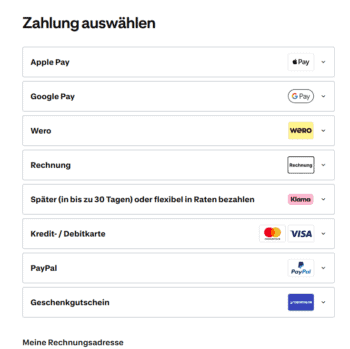 Die Abbildung zeigt eine Auswahl an Zahlungsmethoden im Online-Shop von Decathlon. Unter den Optionen befindet sich „Wero“, das als neue Zahlungsmethode hervorgehoben wird. Weitere Zahlungsmöglichkeiten sind Apple Pay, Google Pay und PayPal.