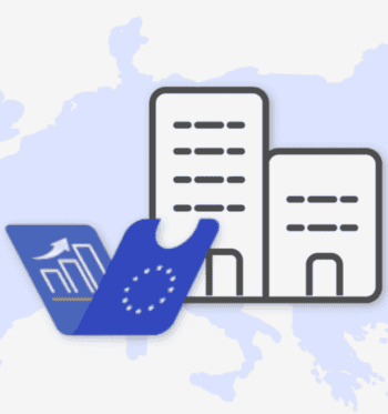 Das Bild illustriert eine stilisierte Darstellung von Bürogebäuden vor einer europäischen Landkarte, ergänzt durch ein grafisches Element, das Wachstum und digitale Identität symbolisiert. Diese Visualisierung steht im Kontext der Ankündigung von Verimi zur Geschäftseinstellung.