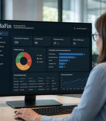 Ein Monitor zeigt ein Dashboard der BaFin zur Überwachung von KI-Systemen im Finanzsektor. Die Anzeige umfasst Risikobewertungen, aktuelle Meldungen und eine Übersicht über verschiedene Anwendungsbereiche von KI, einschließlich Kreditvergabe und Kundenservice.